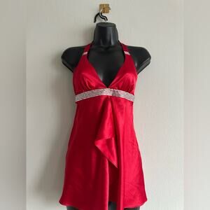 Vintage Y2K Victoria’s Secret Red Rhinestone Satin Babydoll Halter Top Slip XS